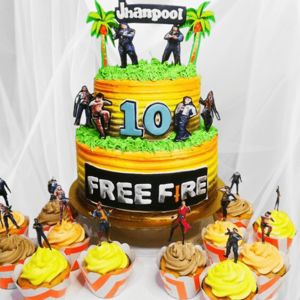Free Fire Theme cake and cupcakes