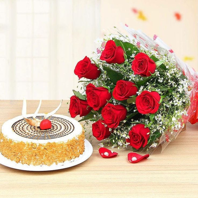 Red Rose Bouquet N Butter scotch cake