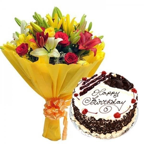 Flower Bouquet N Chocolate Cake