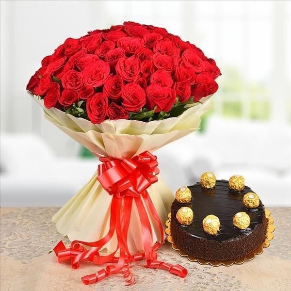 Red Rose Bouquet N Truffle Cake