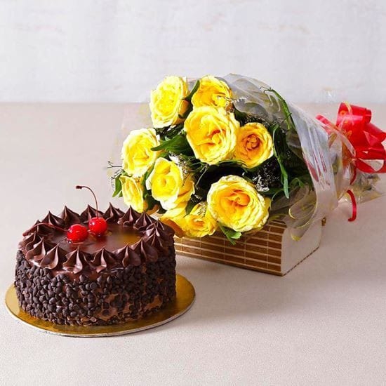Yellow Flower Bouquet N Choco Chip Cake